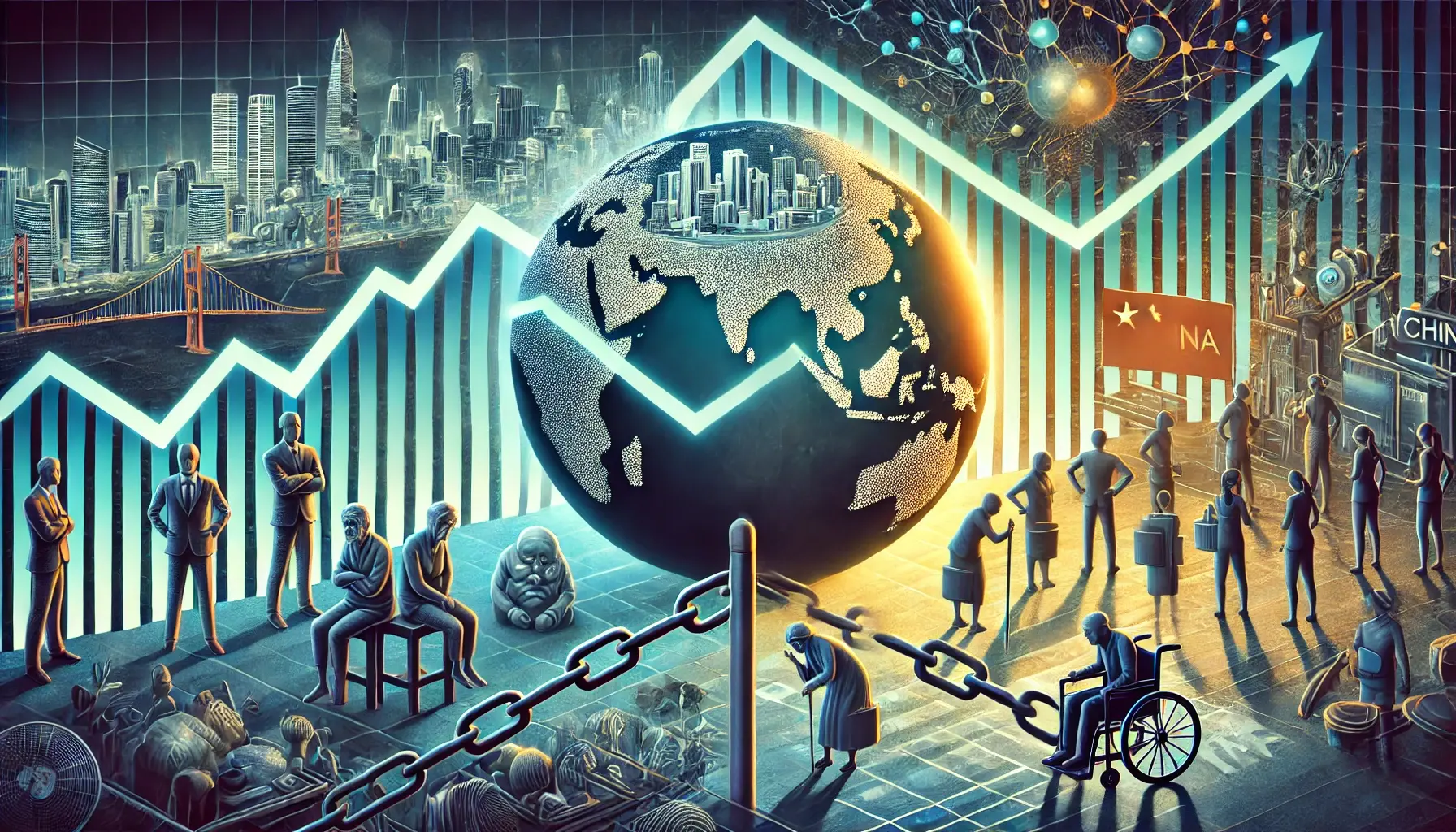 Dall e 2024 11 30 11 26 08 a conceptual illustration representing the global economic slowdown highlighted by the international monetary fund imf the image features a symboli